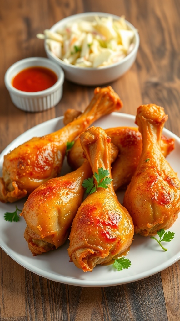 Crispy baked chicken drumsticks on a white plate with parsley garnish and dipping sauce.